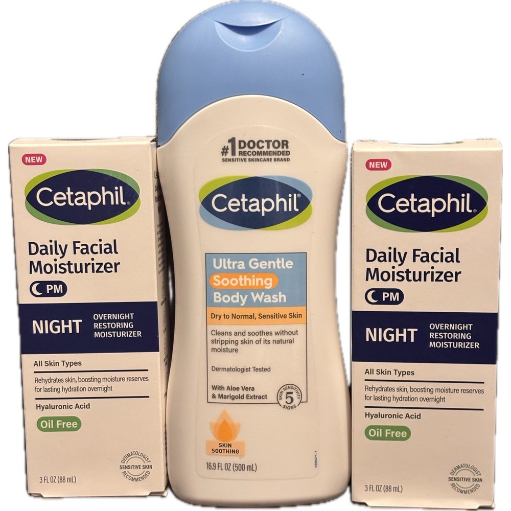 Cetaphil Bundle – 2x Night Facial Moisturizer + Ultra Gentle Soothing Body Was